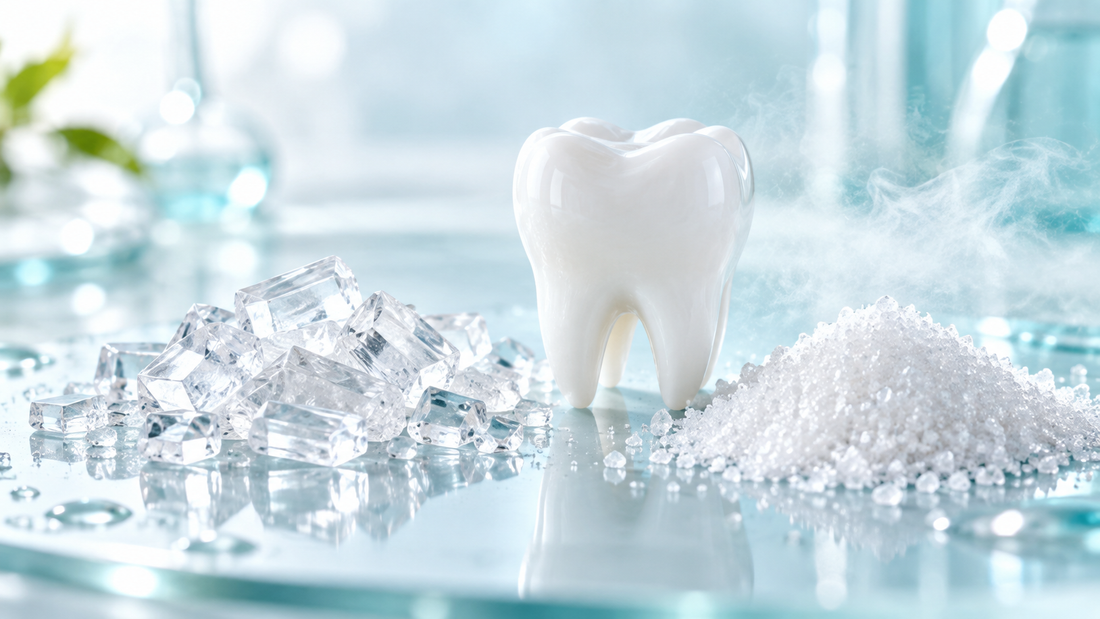 Xylitol and erythritol crystals beside a clean tooth representing sugar-free toothpaste ingredients