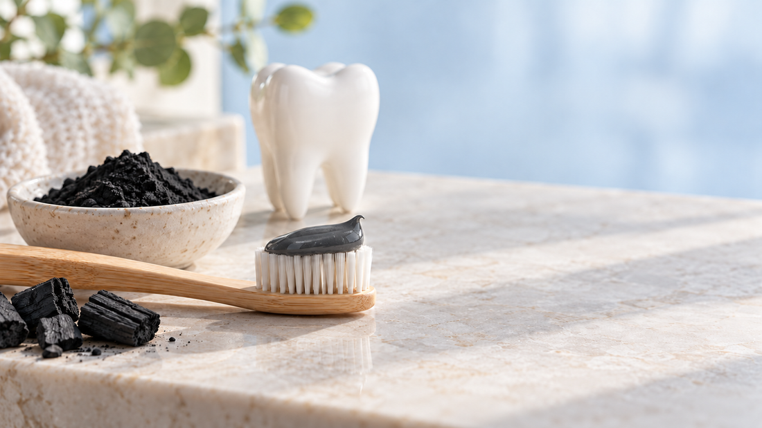 Charcoal-colored toothpaste on a toothbrush beside a bowl of activated charcoal and a tooth model
