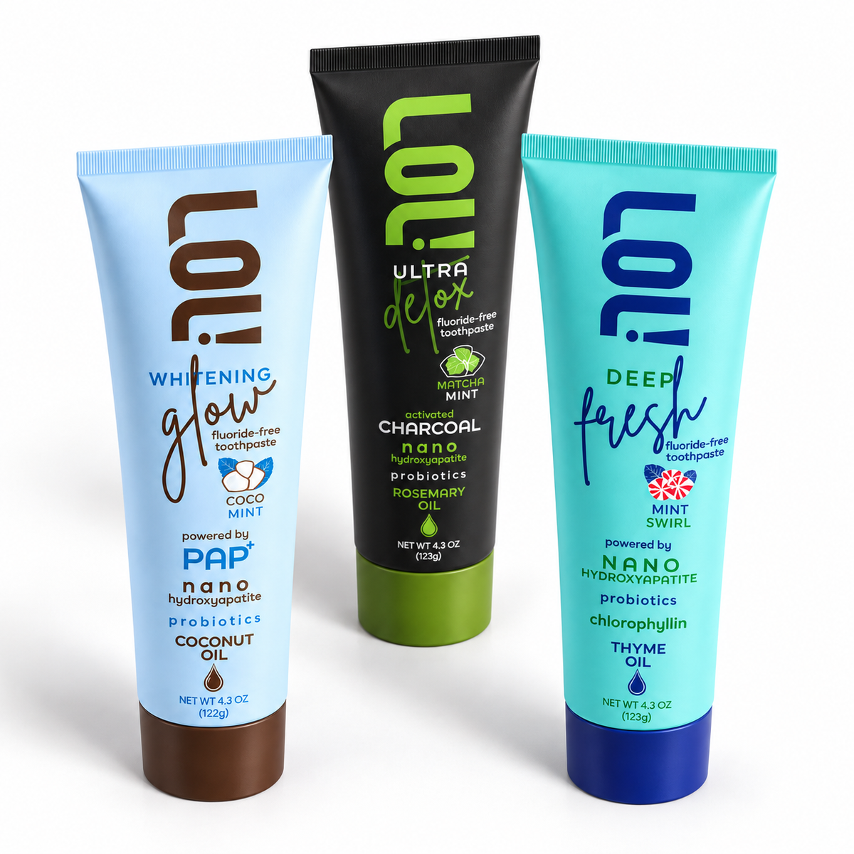 LOL! premium fluoride-free adult toothpaste collection with Whitening Glow, Ultra Detox and Deep Fresh