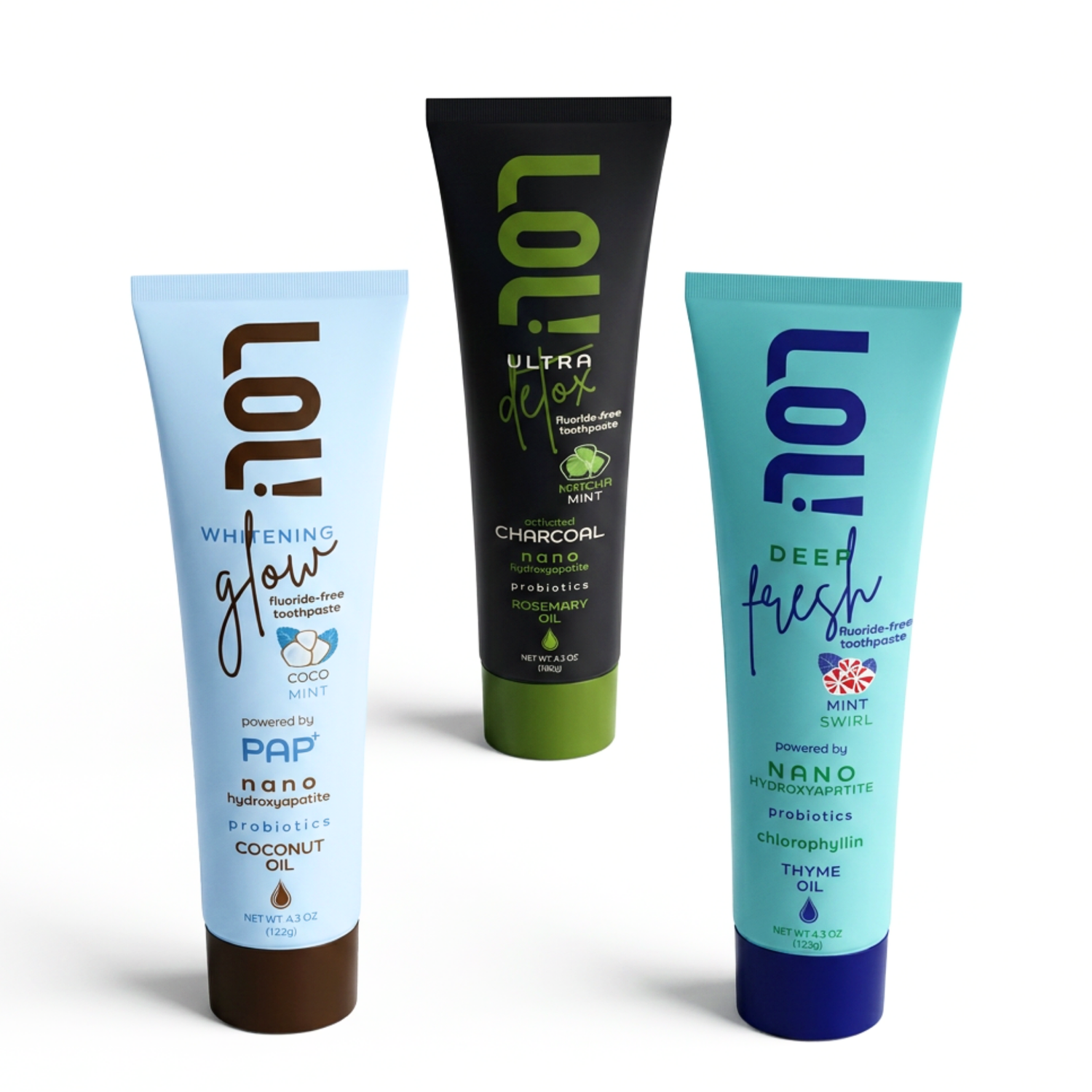 LOL! premium fluoride-free adult toothpaste collection with Whitening Glow, Ultra Detox and Deep Fresh