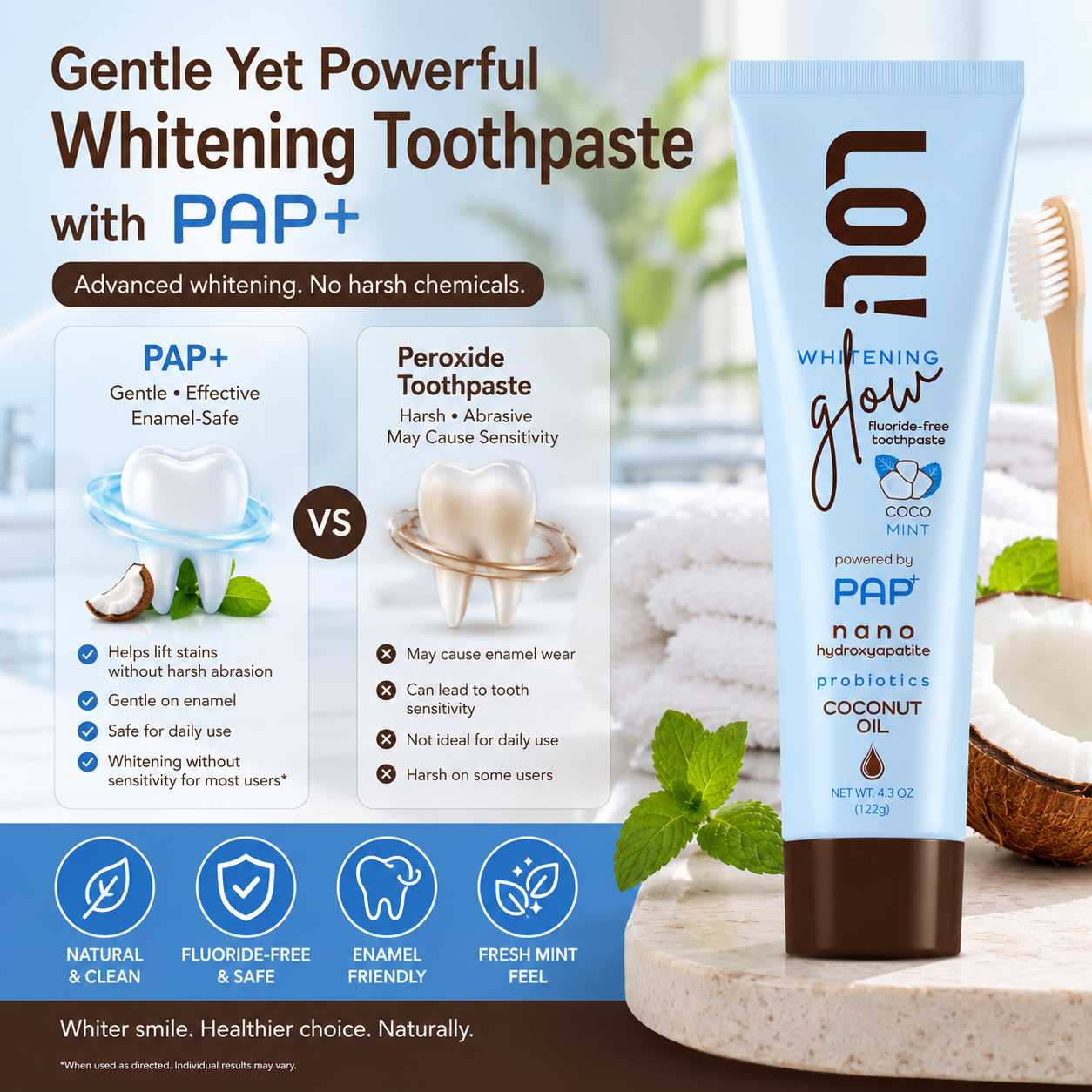 LOL Whitening Glow Fluoride Free Toothpaste (Coconut Oil - Nano Hydroxyapatite - Probiotics)