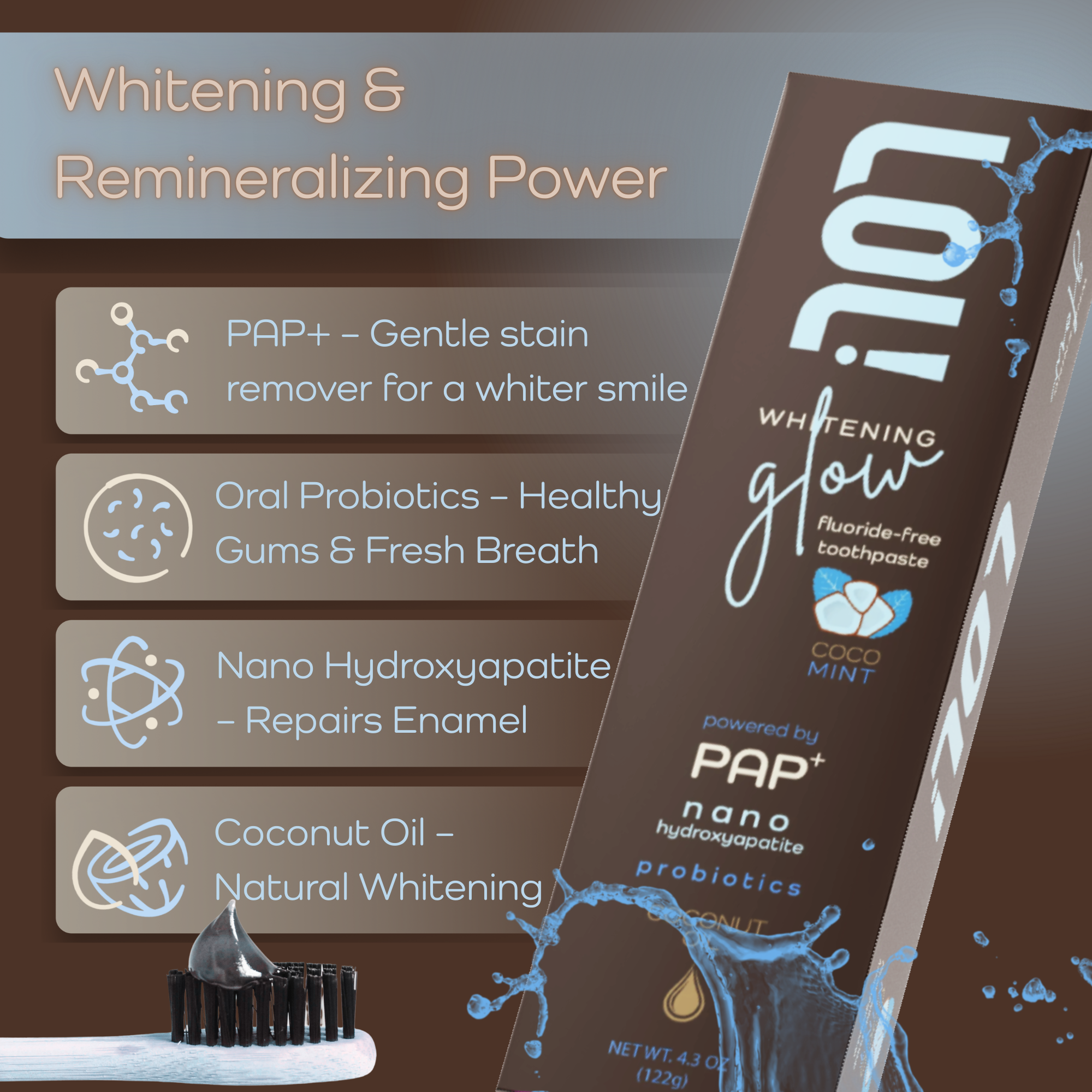 LOL Whitening Glow Fluoride Free Toothpaste (Coconut Oil - Nano Hydroxyapatite - Probiotics)