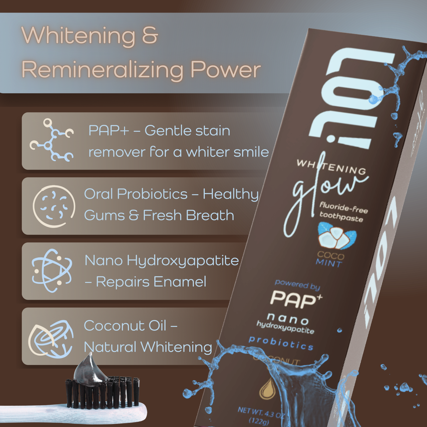 LOL Whitening Glow Fluoride Free Toothpaste (Coconut Oil - Nano Hydroxyapatite - Probiotics)