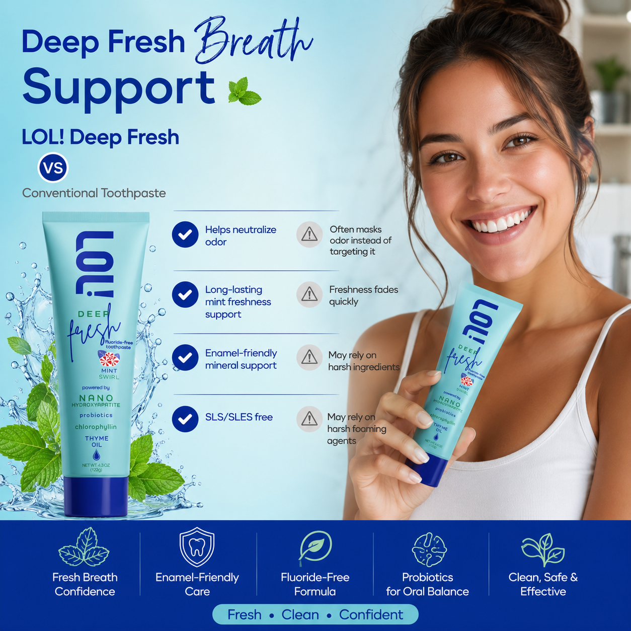 LOL! Deep Fresh Mint Swirl, Fluoride Free Toothpaste - Bad Breath Treatment for Adults | Nano Hydroxyapatite, Probiotics, Chlorophyllin & Thyme Oil, Parsley + Zinc Odor Neutralizing, 4.3oz