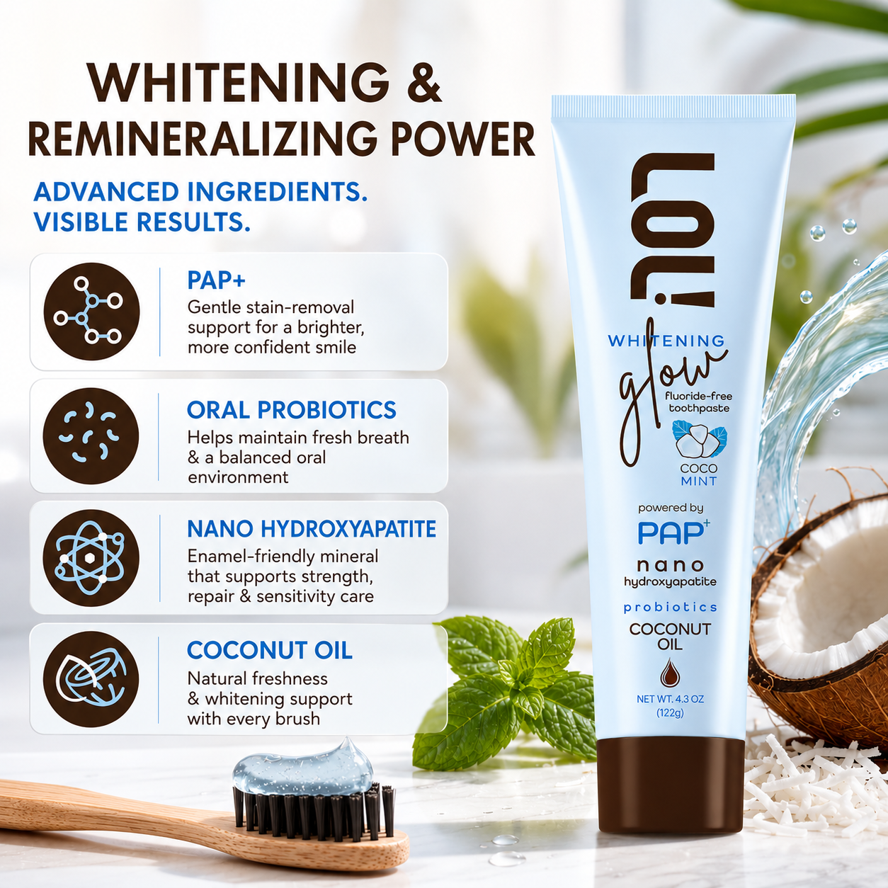 LOL Whitening Glow Fluoride Free Toothpaste (Coconut Oil - Nano Hydroxyapatite - Probiotics)