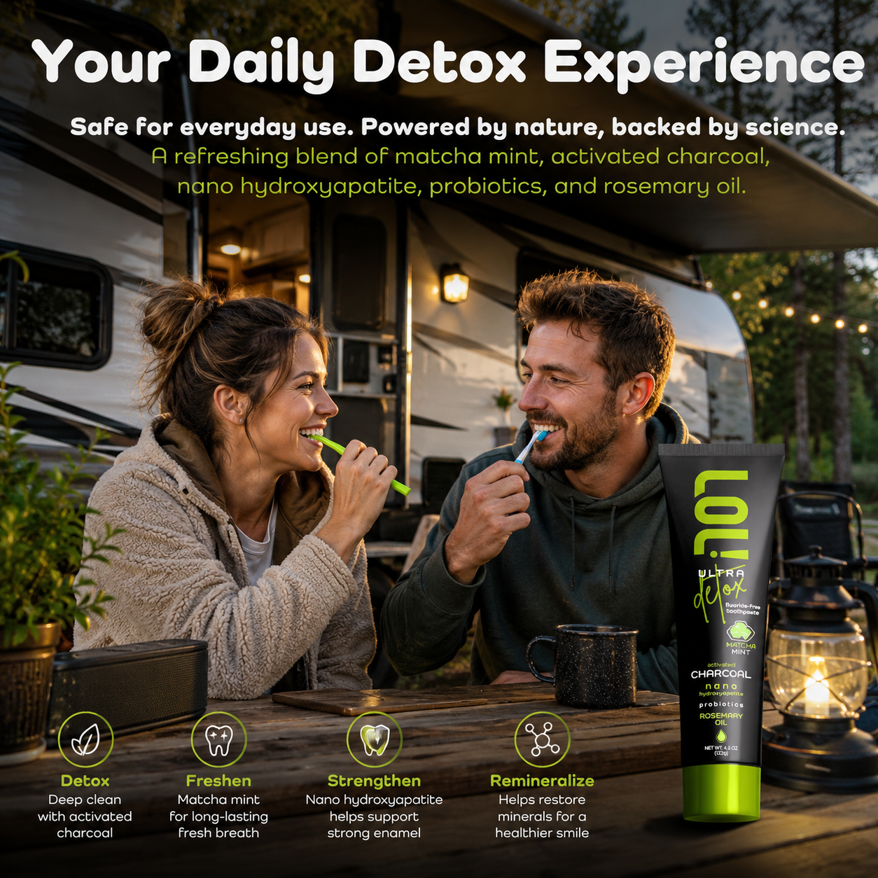 LOL Ultra Detox Activated Charcoal Toothpaste Whitening - Nano Hydroxyapatite, Probiotics, Matcha, Rosemary Oil, Xylitol, Fluoride Free
