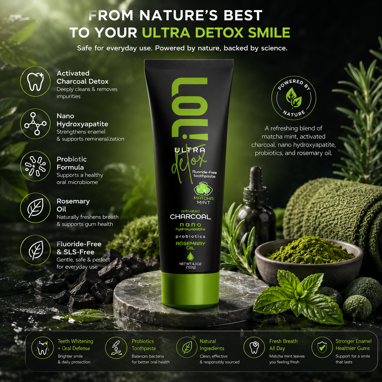 LOL Ultra Detox Activated Charcoal Toothpaste Whitening - Nano Hydroxyapatite, Probiotics, Matcha, Rosemary Oil, Xylitol, Fluoride Free