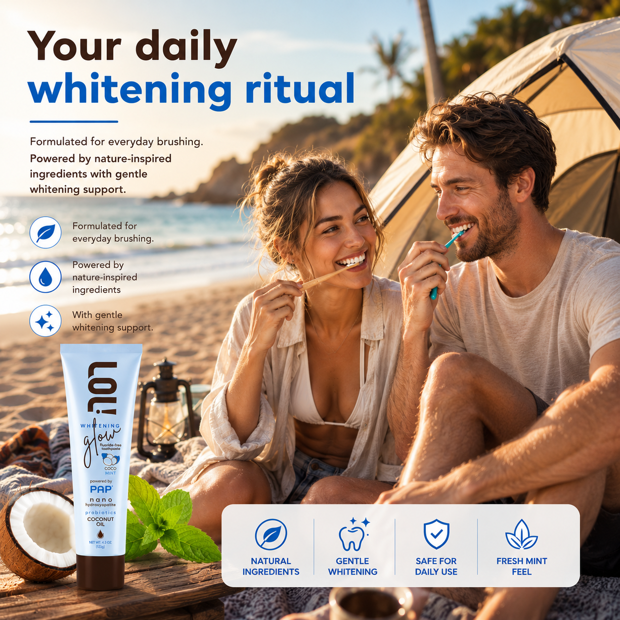 LOL Whitening Glow Fluoride Free Toothpaste (Coconut Oil - Nano Hydroxyapatite - Probiotics)